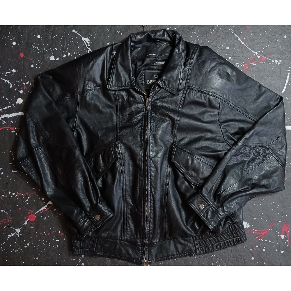 Vintage 90s Bermans men's leather insulated motorcycle bomber jacket